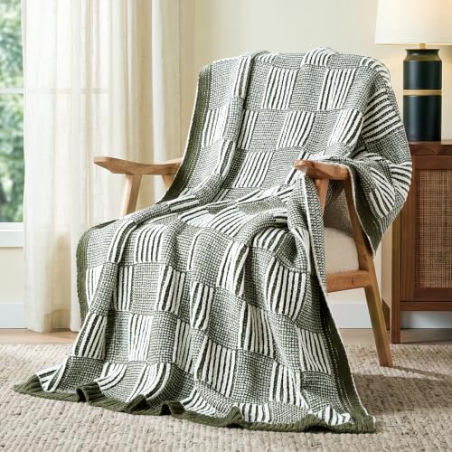 Amélie Home Checkered Knit Throw Blanket for Couch, Olive Green