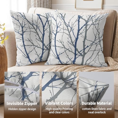 Navy Blue Gray Tree Pillow Covers 22x22 Inch Grey Blue Branch Print