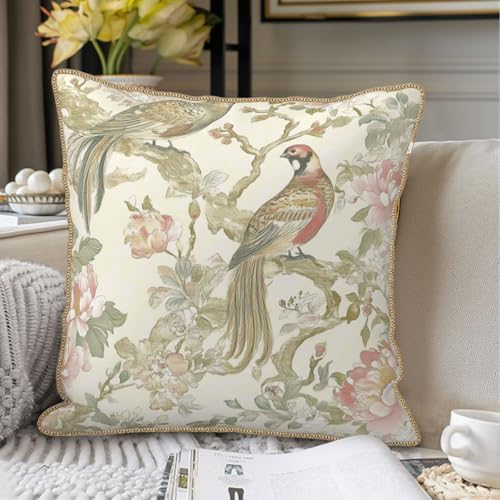 Vintage Bird Floral Soft Velvet Throw Pillow Covers Set of 2 Cream
