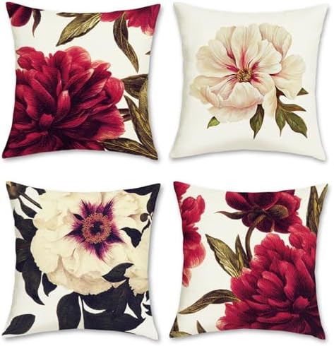 Bonhause Burgundy Peony Floral Throw Pillow Covers 18x18 Inch Set of 4