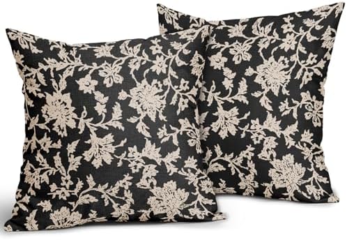 Black Floral Pillow Covers 20x20 Set of 2 Brown Cream Vintage Flower