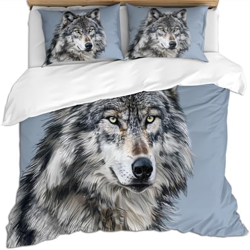 Wolf Bedding Set King Size - Nature Wild Animals Duvet Cover 3PC, Soft