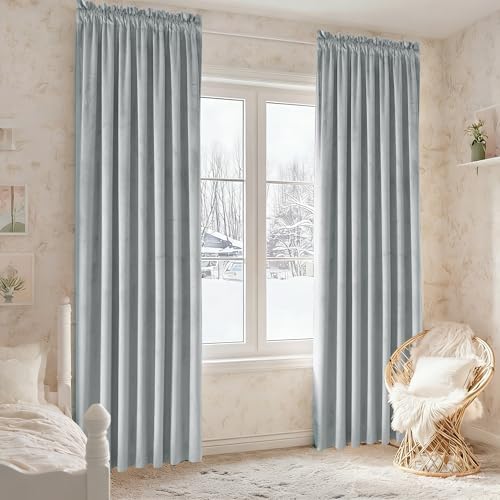JIUZHEN Silver Grey Velvet Blackout Curtains 52W x 120L 2 Panels