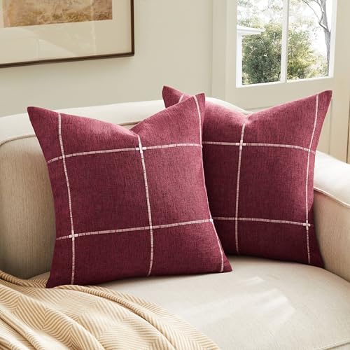 2 Packs Grid Embroidery Throw Pillow Covers 22x22in Burgundy