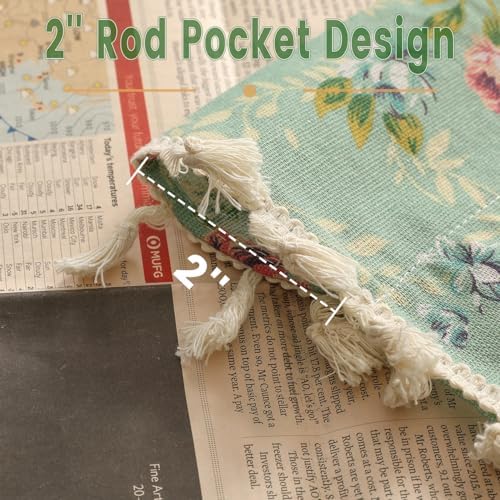 1 Pair Floral on Green Linen Curtains Rustic Country Style Light