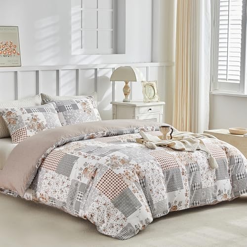 Lekesky Reversible Duvet Cover Queen Size, Grey Floral Patchwork