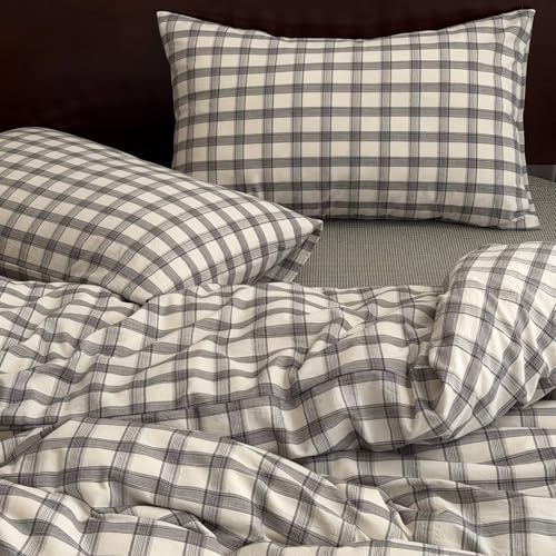 Mucalis Grey White Gingham Plaid Duvet Cover Queen 100% Washed Cotton