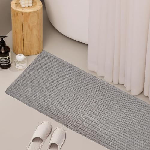 ZALL Grey Waffle Bath Mat,Super Absorbent Non Slip Long Bathroom