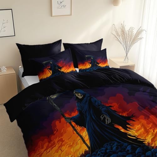 King Duvet Cover Set Gothic Skull Grim Reaper Bedding with Reversible