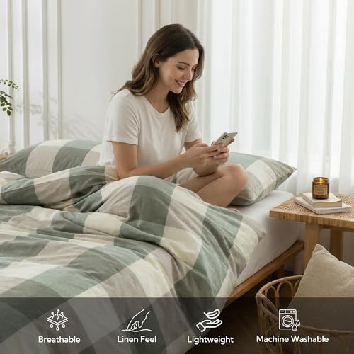 MILDLY Beige & Green Plaid Duvet Cover Set with Dual Zipper 8 Corner