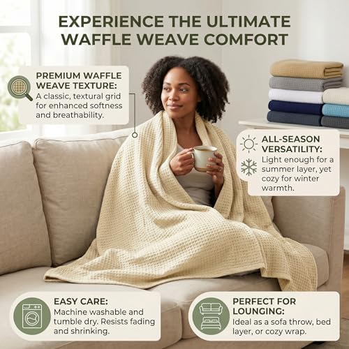 Tex Trend 100% Natural Cotton Blanket Waffle Weave, Skin-Friendly Soft