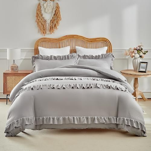 Gray Ruffle Duvet Cover King Boho Shabby Chic Ruffled 3 Piece Bedding