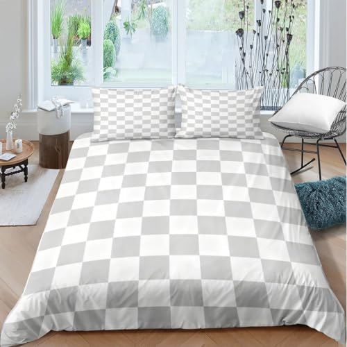 Dusty Lavender and Creamy White Checkered Duvet Cover Set Gray and