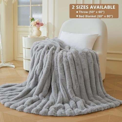 MEGO Fluffy Faux Rabbit Fur Ribbed Throw Blanket 60"x80", Gray