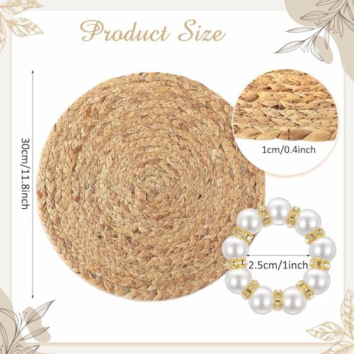 50 Set 12 Inch Round Woven Placemats with Pearl & Rhinestone Napkin