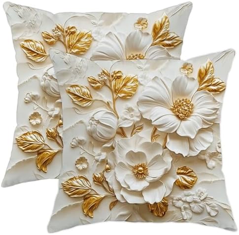 Elegant Floral Pillow Covers Set of 2, White and Gold Flower