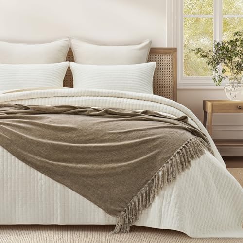 EverGrace Chenille Knit Throw Blanket for Couch, 60"x80", Beige