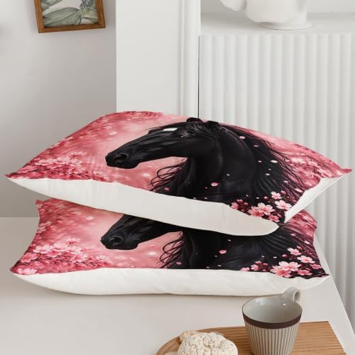 AILONEN Black Horse Duvet Cover Set King, Pink Petal Botanical 3-Piece