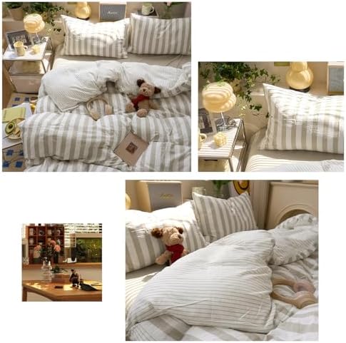 LifeTB Vintage Striped Duvet Cover Set Queen, 3 Pieces Khaki Grey