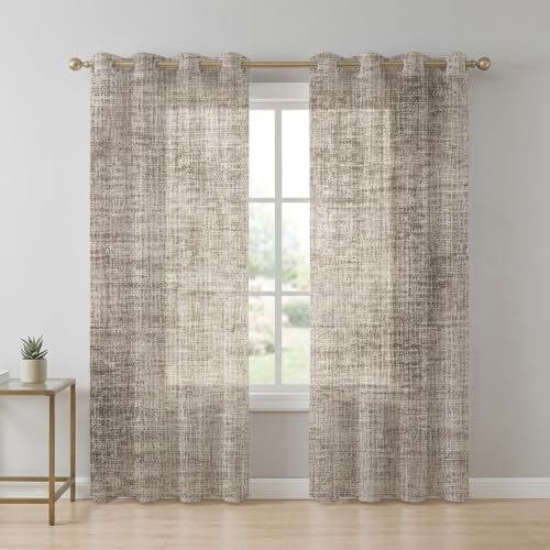 Brown Beige Sheer Curtains 84 Inch Length 2 Panels Set Farmhouse Linen
