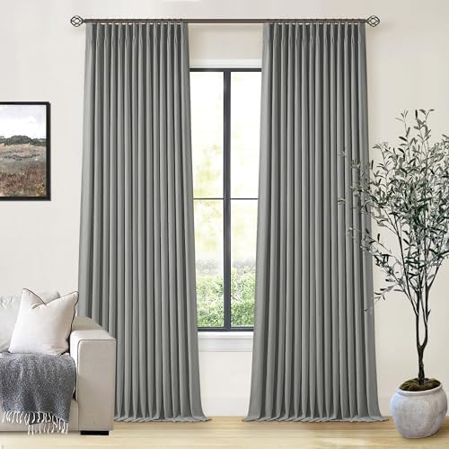 Grey 100% Blackout Pinch Pleat Linen Curtains 108 Inches Long for