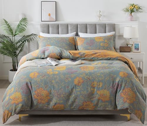 Helthep Flower 3Pcs Duvet Cover Set,100% Double Layer Washed Cotton