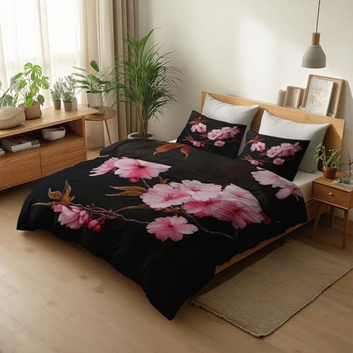 California King Duvet Cover Set Oil Painting Plant Cherry Blossom Soft