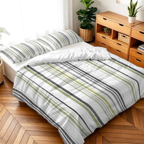 Black Green Stripes California King Duvet Cover Set, Country Vintage
