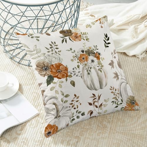 Fall Decor Pillow Covers 20x20 Inch Set of 2 Cream Pumpkin Floral