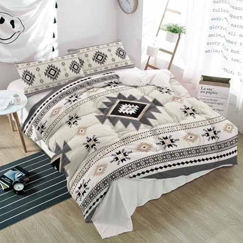 Duvet Cover Set Full, Ethnic Gray Aztec Geometric 3 Piece Bedding Set