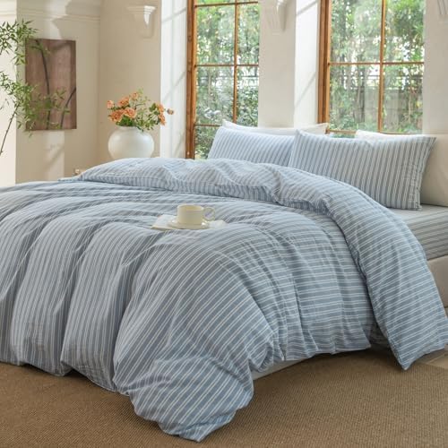 Luxury 100% Washed Cotton Linen Like Duvet Cover Set,3 Pcs Striped