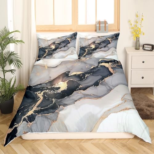 Black Marble Bedding Set Queen,Black and Grey Marble Duvet Cover Men