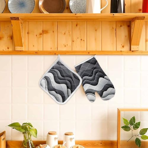 Quilted Cotton Terry Cloth Oven Mitt, Pot Holder White Grey Water