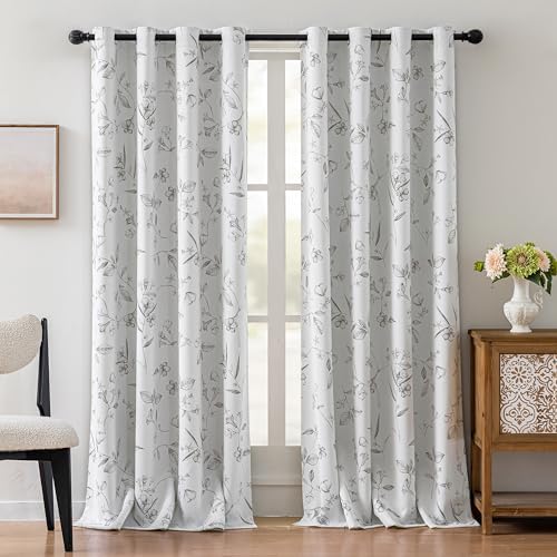 ChrisDowa 100% Grey Blackout Floral Curtains 96 Inches Long 2 Panels