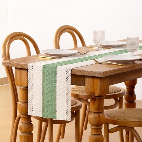 DeZerlor Ivory Sage Farmhouse Table Runner 36Inch Woven Linen Dining