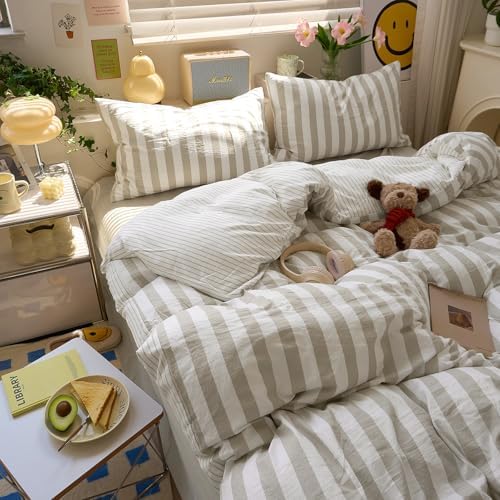LifeTB Vintage Striped Duvet Cover Set King Size, Khaki Grey Stripes