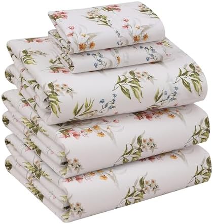 RUVANTI 100% Cotton Split King Sheets, Percale Sheet Set, Floral Bliss