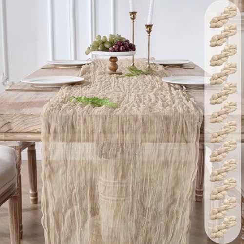 12 Pack Tan Beige Cheesecloth Table Runners, 120 Inch 10Ft Gauze Table