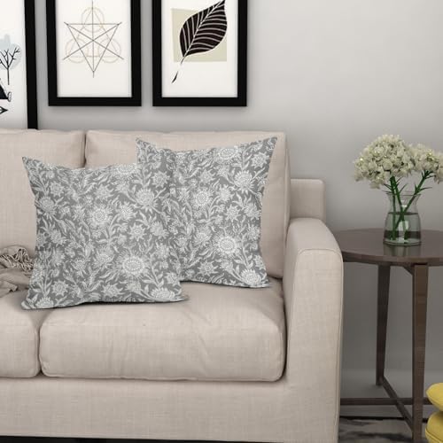 Gray Vintage Floral Pillow Covers 18x18 Inch Set of 2 Neutral Flower