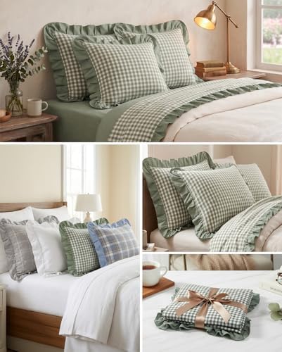 2 Pack Ruffled Gingham Throw Pillow Covers 18x18 Green Plaid