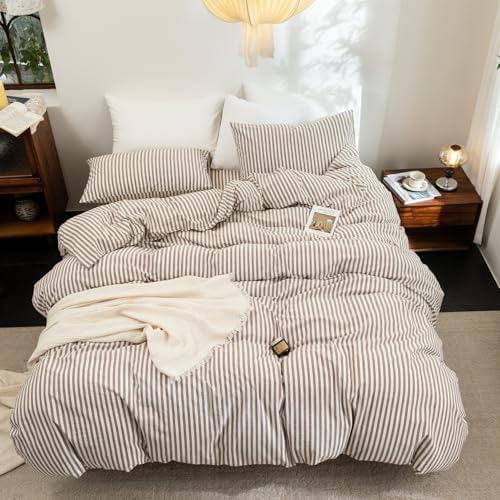 FOSSA Striped Duvet Cover Set 100% Washed Cotton Linen Feel Full