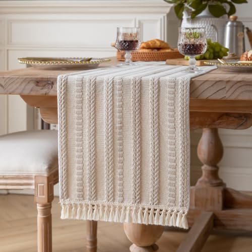 Caflife Light Khaki and Beige Woven Rustic Boho Table Runner 60 Inchs