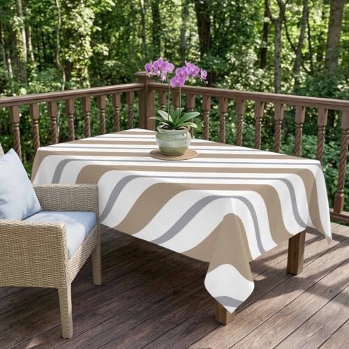 Beige Grey Stripe Waterproof Tablecloth Rectangle Washable Table