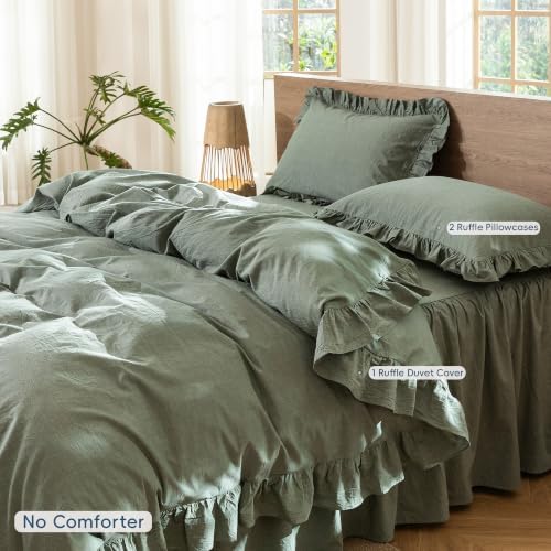 MooMee Ruffle Duvet Cover Set 100% Washed Cotton King