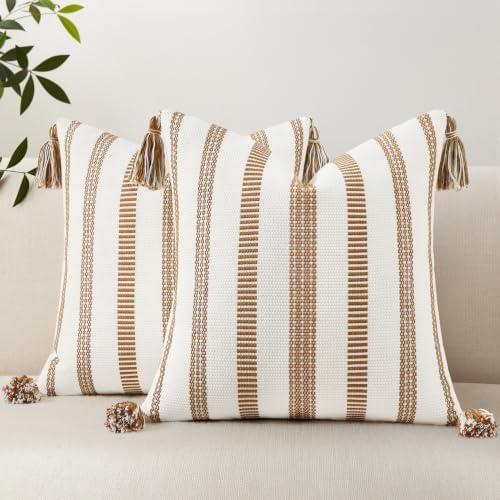Smile Bee Outdoor Striped Pillow Covers 18x18 Set of 2 Brown and White