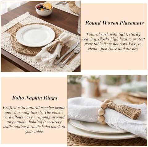 Boho Placemats Set of 6 - Boho Woven Placemat, Round Rattan Placemat