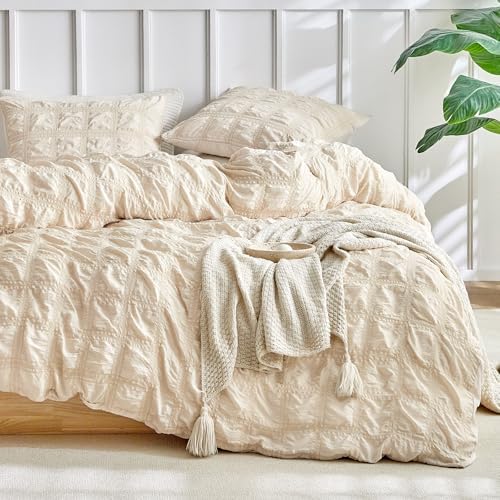 WARMDERN Seersucker Duvet Cover Set Beige King Size