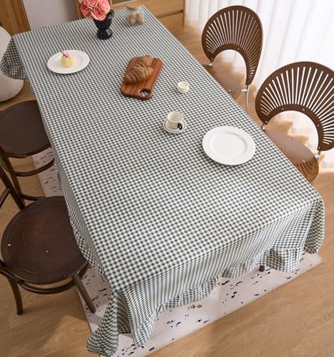 vctops Farmhouse Green Plaid Ruffle Table Cloth, Boho Cotton Linen