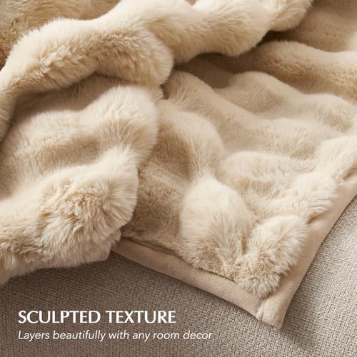EverGrace Faux Rabbit Fur Bubble Throw Blanket, 60"x80", Cream