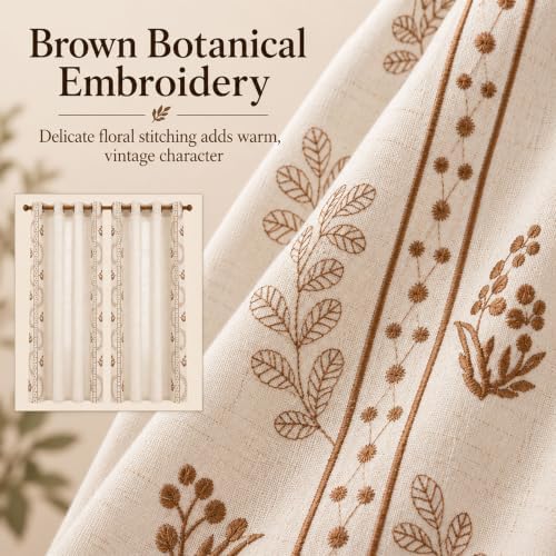 Linen Curtains 95 Inch Brown Floral Drapes Back Tab 2 Panels